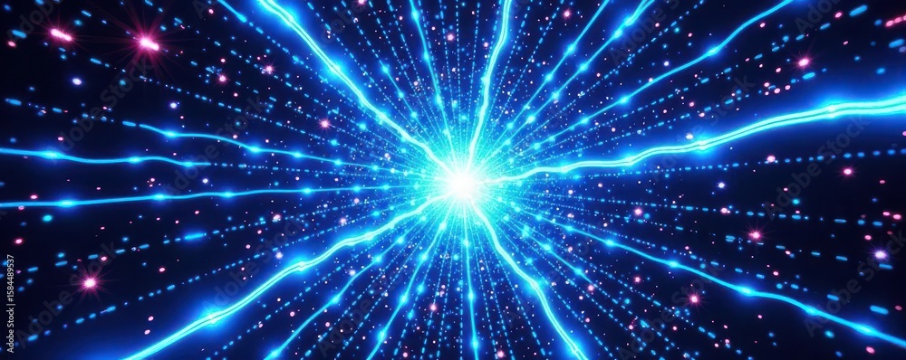 Fototapeta premium Electric blue radial burst, halftone dots, retro comic style, texture, flash, energy