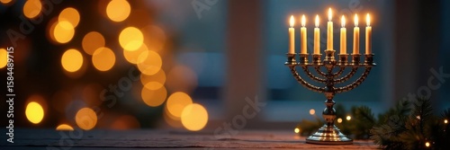Golden menorah shines amidst soft bokeh, festive Hanukkah backdrop , element, night
