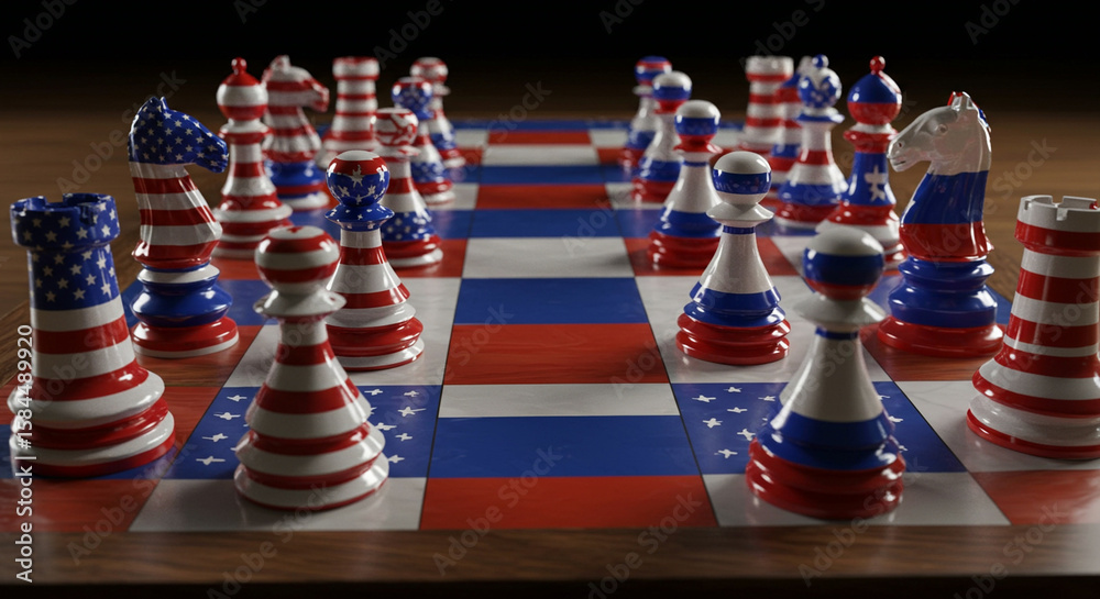 Naklejka premium Chessboard with pieces representing the United States and Russia, set for a game.