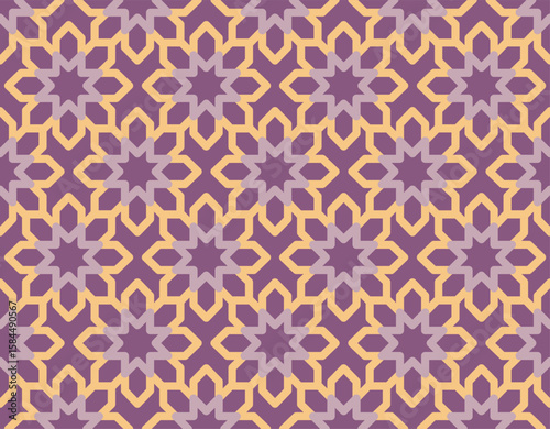 Geometric Pattern with Stars and Interlocking Shapes in Purple, Lavender, and Gold Tones Creates an Eye Catching Visual Harmony