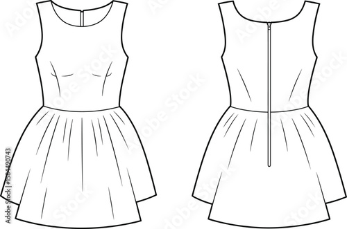 Sleeveless flared dress, fitted bodice, gathered skirt, back zipper, women’s fashion, casual summer style, garment technical sketch, flat vector template, clothing design, sewing pattern, 