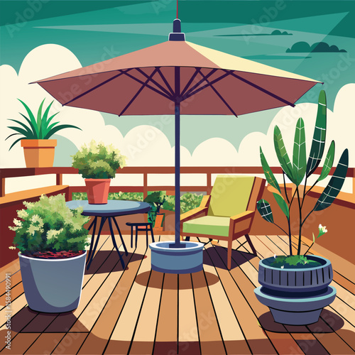 Relaxing terrace illustration with patio furniture and lush potted plants