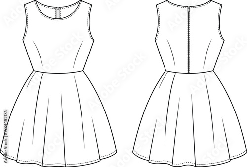 Sleeveless flared dress, fitted waist, round neckline, casual summer style, women’s fashion, garment technical sketch, flat vector template, clothing design, sewing pattern, 