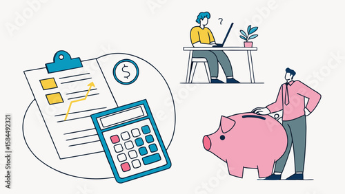 Illustration of financial planning with a calculator, piggy bank, and person working on a laptop
