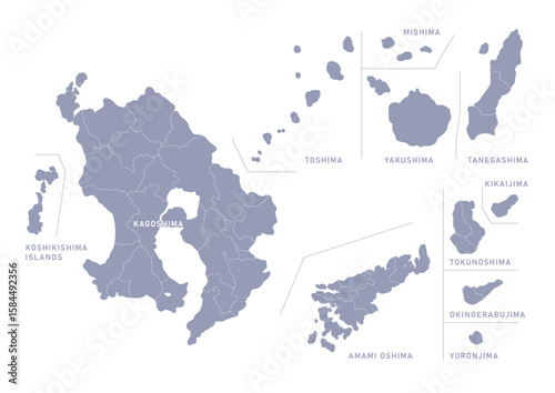 グレー色の日本地図, 鹿児島県の行政区分付き地図, Gray map of Japan, Kagoshima prefecture