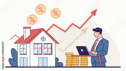 Man analyzing real estate market growth with house coins and upward trending arrow graph shown