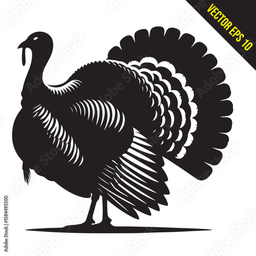 Stylized Black and White Turkey Silhouette Vector Illustration, turkey birds illustration