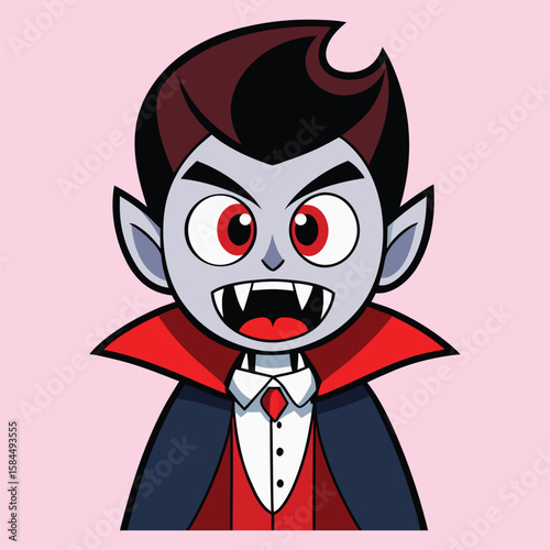 Cute Cartoon Vampire Boy Character with Red Eyes and Fangs