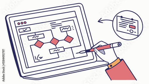 Hand using a stylus on a tablet displaying a flowchart with red diamond nodes and a document icon next to it