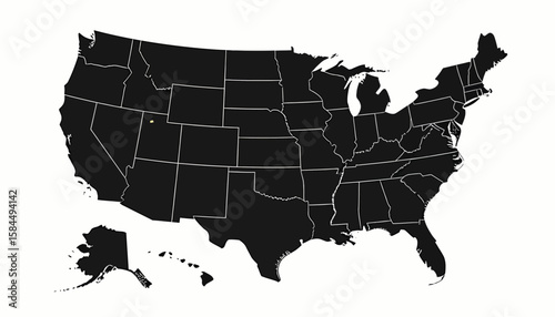 Black silhouette map of the United States of America, including Alaska and Hawaii, on a white background.