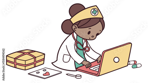 Cartoon doctor working on a laptop with a gift box and pills on a white background scene illustration