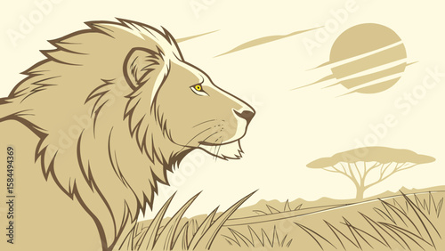 Lion in the savanna with a tree and sun in the background in a sepia toned color palette scene