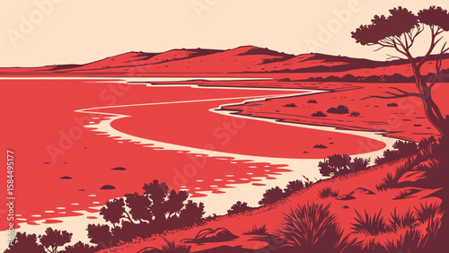 Red toned landscape with river winding through hills and a tree on the right side in a simple style