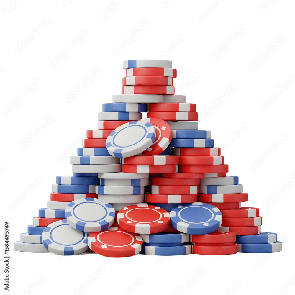 Fototapeta premium A pyramid stack of red, blue, and white gambling chips presents a visual representation of chance and risk, commonly used for casino games.