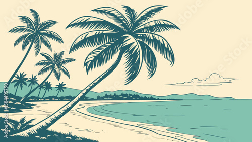 Illustration of a tropical beach with palm trees ocean and a distant mountain range on the horizon