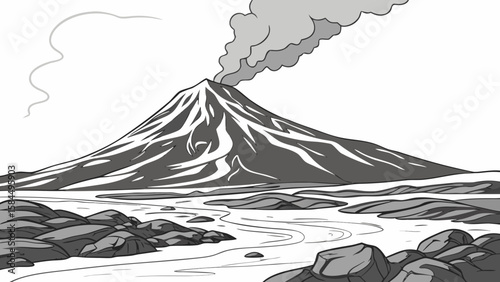 Illustration of a volcano spewing smoke with a river and rocks in the foreground landscape view