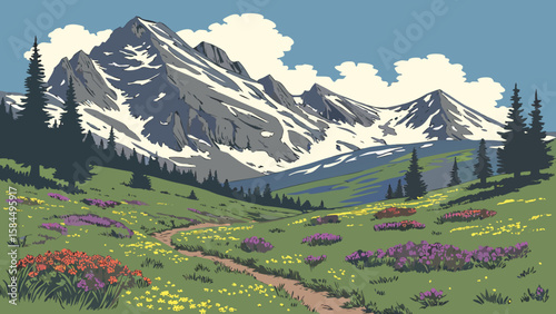 A scenic mountain landscape with snow capped peaks and a wildflower meadow in the foreground view scene