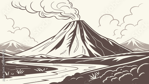 Illustration of a volcano with smoke rising and a river flowing through a landscape scene art