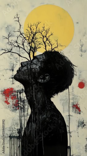 A painting of a woman with a tree on her head