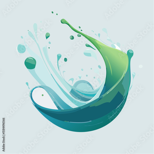 Vector splash of teal and green liquid in motion, with floating droplets and flowing translucent paint curves on white background. Abstract and dynamic design.