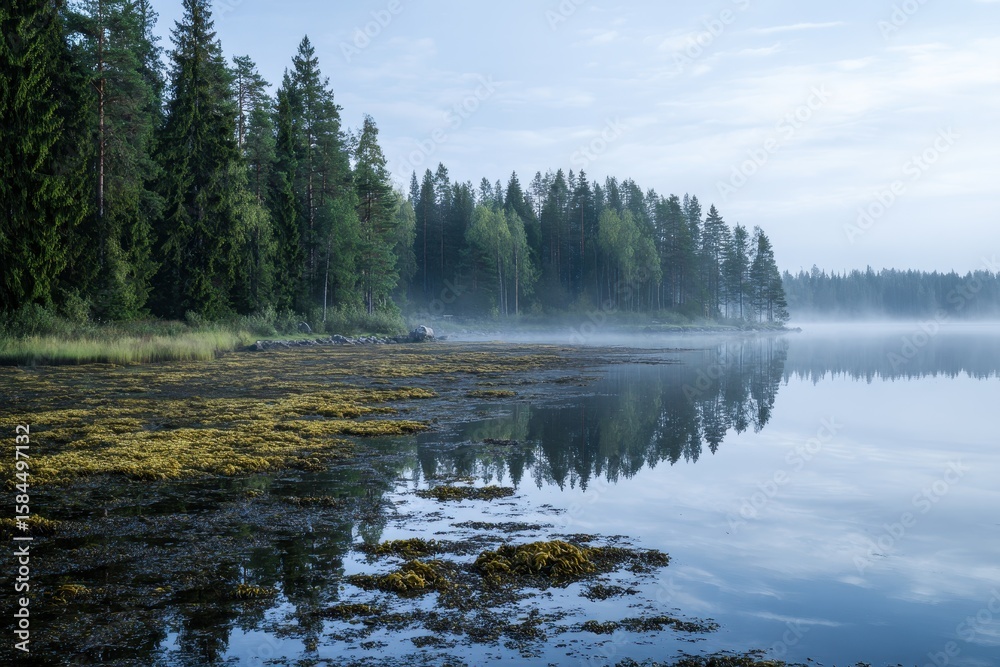 Fototapeta premium Foggy lakeside scene in Northern Sweden featuring reflections from trees sky and foreground seaweed