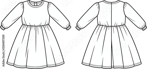 Long sleeve gathered baby dress, kidswear technical flat sketch, round neck toddler outfit drawing, children clothing vector design template, CAD drawing flat vector illustration