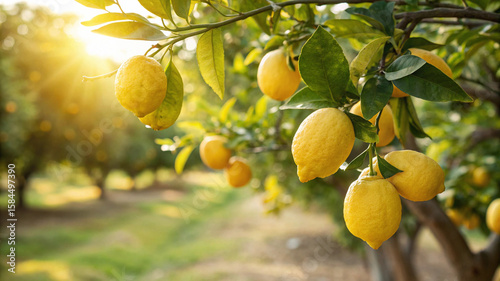 Photography Lemons on tree in garden, Lemon tree in natural warm sunlight background