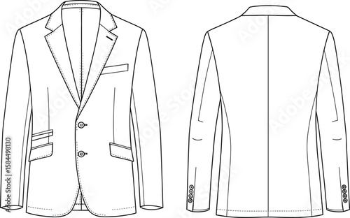 Men’s formal blazer front and back flat sketch, vector jacket design template, fashion technical drawing for garment and tailoring industry
