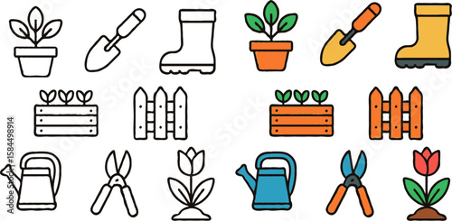 Gardening tools and plants icons: a collection of line art and colored illustrations for gardening.