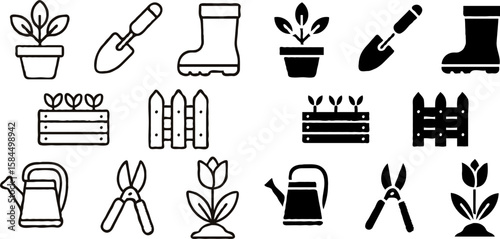 Collection of gardening tools and plants, presented in a simple, illustrative style.