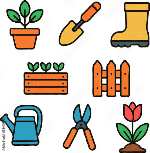 Illustration of gardening tools and plants, including a potted plant, trowel, boots, seedlings, fence, watering can, shears, and a tulip.