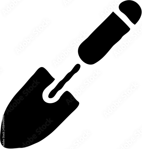 A simple black silhouette of a gardening trowel, a hand tool for digging and planting.