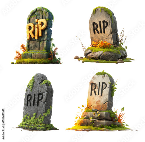 Four 3D Rendered RIP Tombstones, Halloween Decoration isolated on transparent background