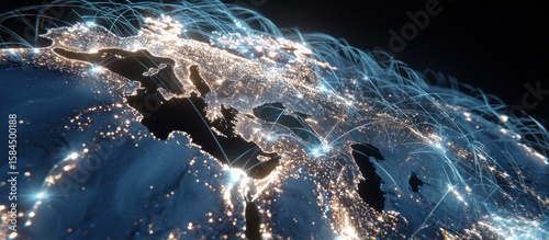 A glowing earth with interconnected lines showing europe at night with city lights visible in the dark