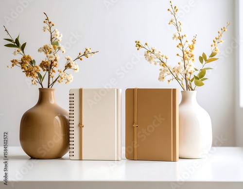 Stylish notebooks and flowers