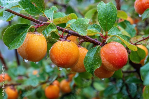 Numerous ripe persimmons and green foliage in a rainy autumn garden