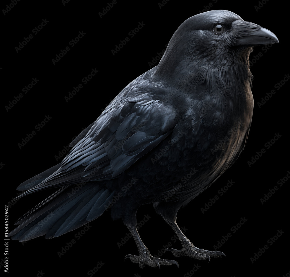 Fototapeta premium Black crow, full-body, black background, PNG format, bird
