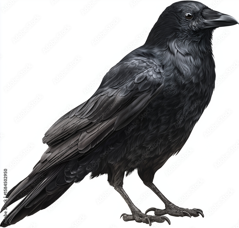 Naklejka premium Black crow, full-body, black background, PNG format, bird