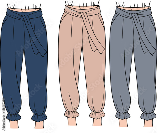 High waist paperbag jogger pants flat sketch, women’s fashion vector, tie belt detail, elastic hem, stylish casual wear