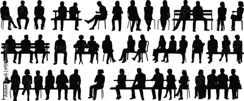 CAD drawing flat vector illustration, silhouette people sitting in row, park bench figures, office team seated, black outline characters group