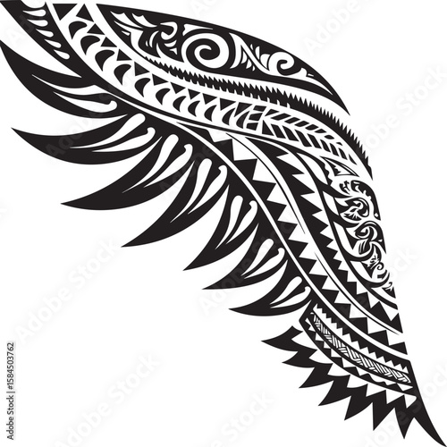 Vector tribal tattoo design illustration with eagle wings, black ink pattern, and ornamental floral elements
