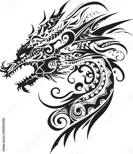 Vector floral dragon head tattoo design illustration with ornate black swirl elements