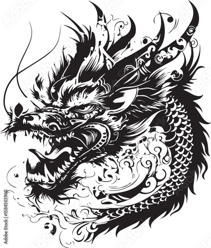 A striking tribal dragon head tattoo vector illustration, perfect for a powerful animal symbol design