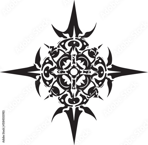 Black and white tribal tattoo design with a skull, wings, and floral ornament vector illustration