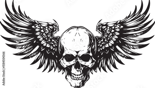 Vintage gothic illustration of a winged skull, a symbol of death and evil, perfect for a tribal tattoo design or Halloween art