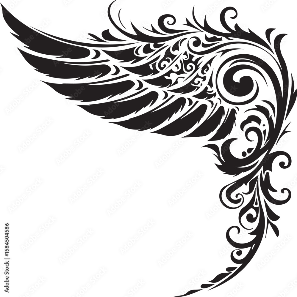 Obraz premium Elegant black and white floral and tribal tattoo vector illustration with phoenix and feather elements