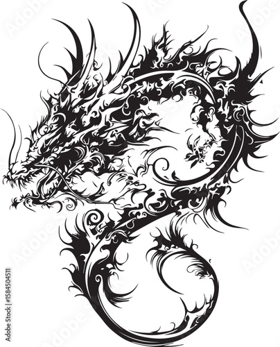 Elegant tribal and dragon tattoo designs with floral and leaf patterns, featuring intricate swirl and scroll elements in a black silhouette style