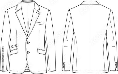 Formal men's blazer front and back technical flat sketch, tailored jacket design, fashion illustration for clothing design, vector template
