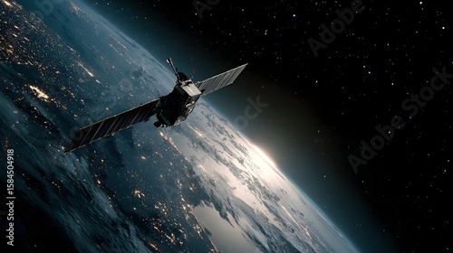 Futuristic Satellite Gliding Through Orbit Above Earth with Starry Cosmic Backdrop