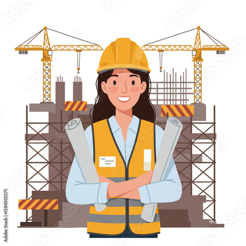 A smiling female engineer in a hard hat and safety vest holds blueprints at a construction site with cranes.